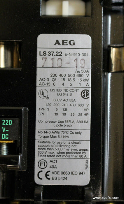 AEG Schütz / Contactor LS37G.22E 910-301-710-190 Spulenspannung 220VDC