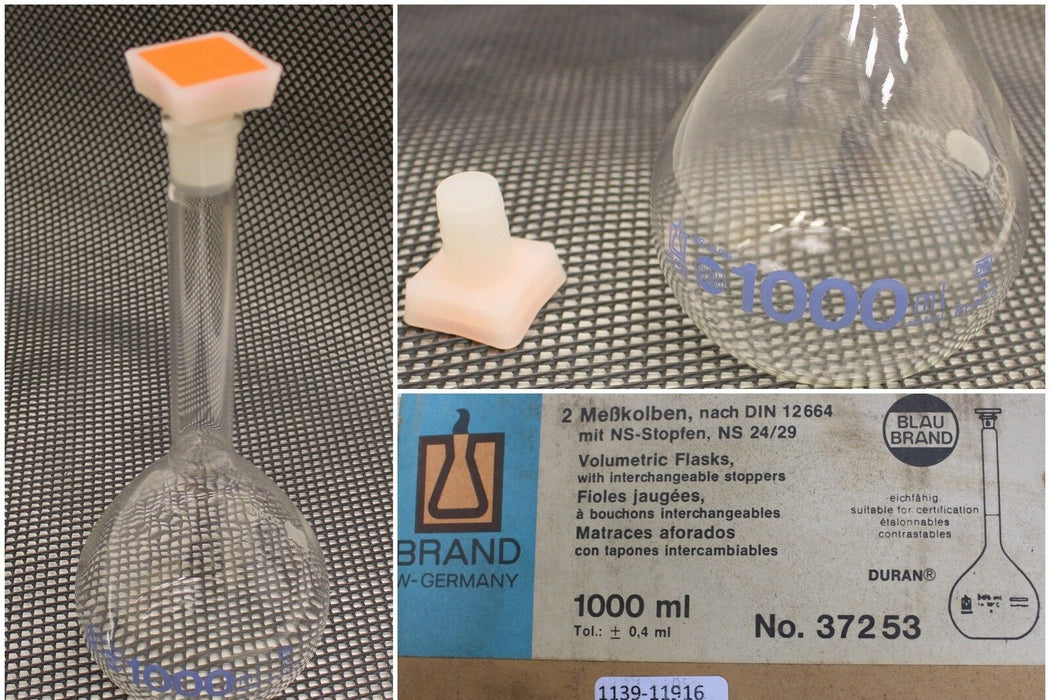 BRAND DURAN Messkolben 1000ml-No.37253-DIN 12664 NS-Stopfen 24/29 - 2 Stück