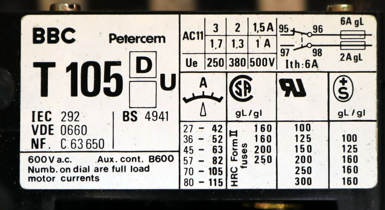 BBC PETERCEM Thermisch verz. Relais T 105 DU 115 A GJZ 442 1001 R 0064 - 80-115A