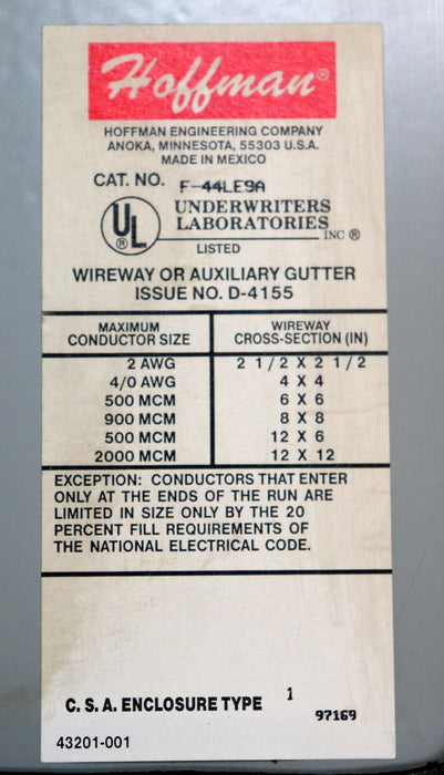 HOFFMAN Wireway, steel 90° Elbow Cat. No. F-44LE9A Type 12 Lay-In Top Opening 4"