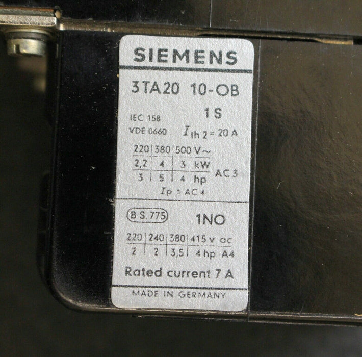 SIEMENS Luftschütz air-break contactor 3TA2010-0BM Us=220VDC 1S 1NO 1F 4kW