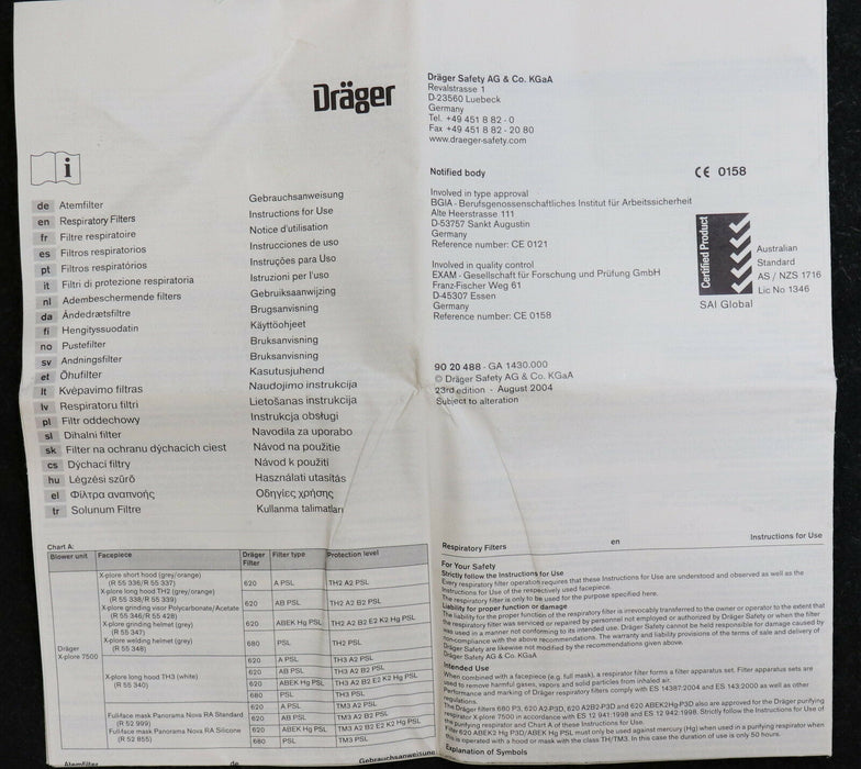 DRÄGER Bel Air Atemfilter Typ 620 Serien-Nr. 6735896 ARWL-F001 A2B2 P3D TH3/TM3
