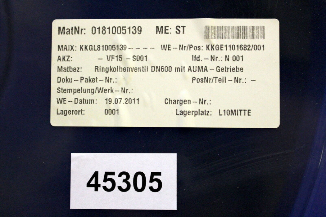 VAG Ringkolbenventil Plunger Valve RIKO DN600 PN10 + AUMA-Getriebe GS100.3-F16-N