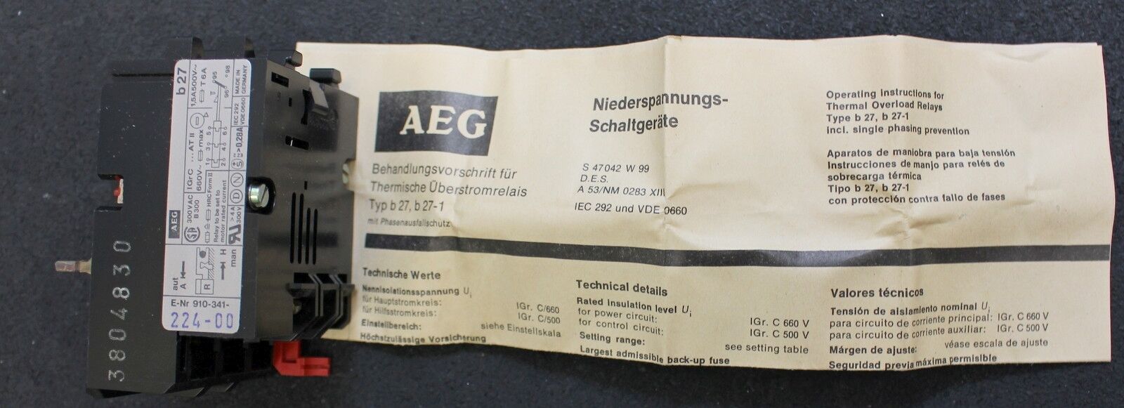 AEG Thermisches Überstromrelais b27 0,4-0,6A Thermal overload relay 910-341-224