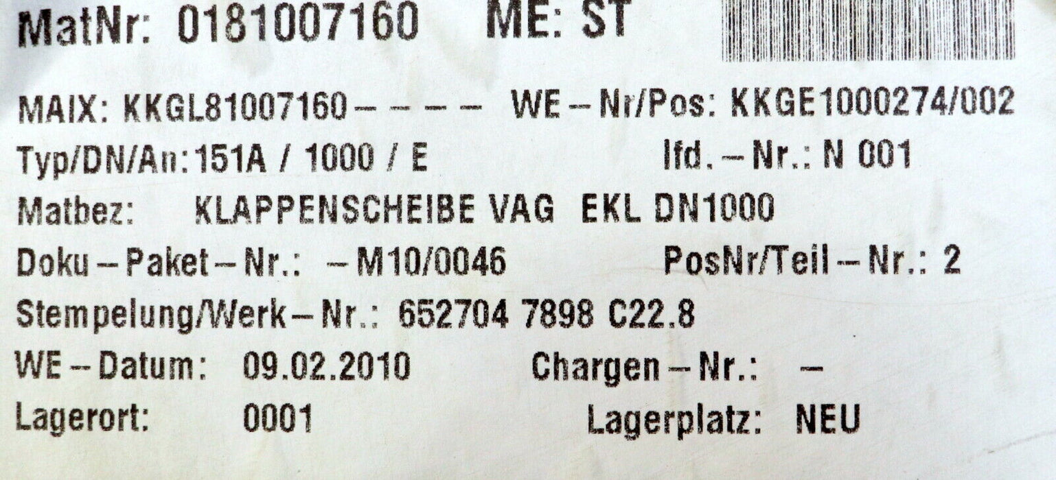VAG Klappenscheibe KL-SHB EKL (ROOR) DN1000 PN10 Material C22.8 für Klappen VAG