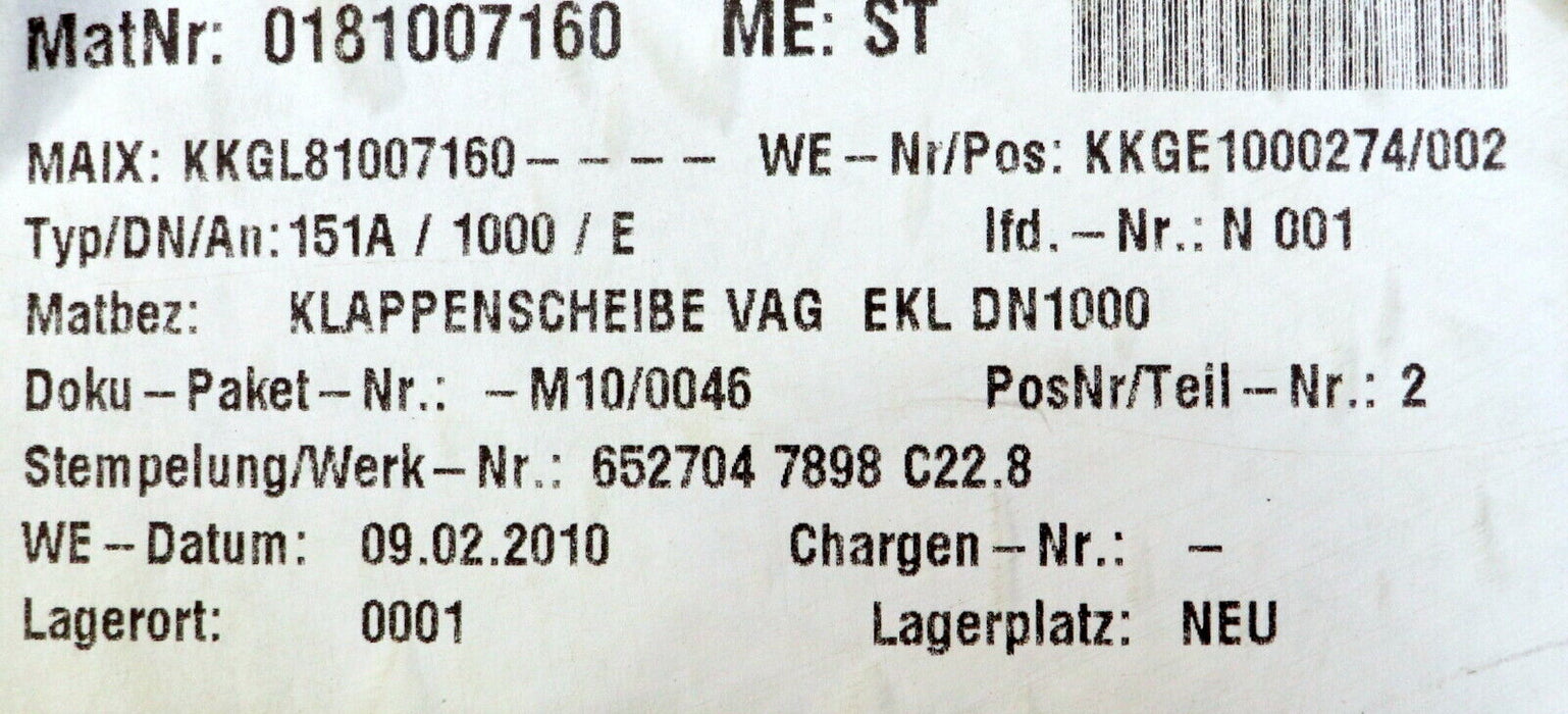 VAG Klappenscheibe KL-SHB EKL (ROOR) DN1000 PN10 Material C22.8 für Klappen VAG