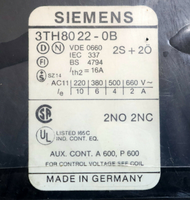 SIEMENS Hilfsschütz 3TH8022-0BD4 2S/2Ö 10A Nennspannung: 42VDC Neu: 3TH4022-0BD4