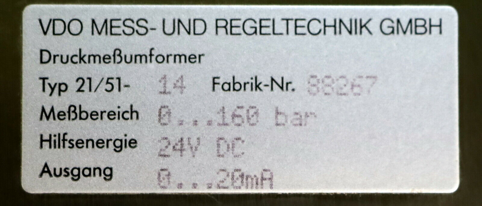 VDO Druckmessumformer Typ 21/51-14 Fabrik-Nr.: 88267 Messbereich 0-160bar