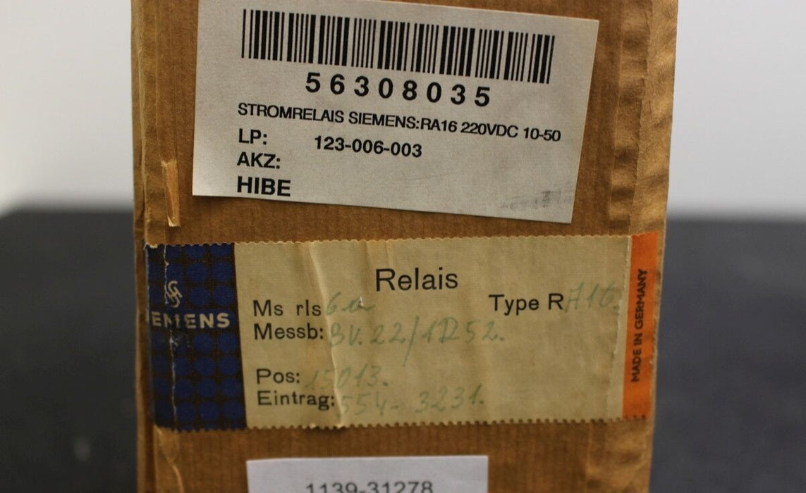 SIEMENS Stromrelais Typ RA16 - Nennspannung: 220VDC 10-50% - EG11-20