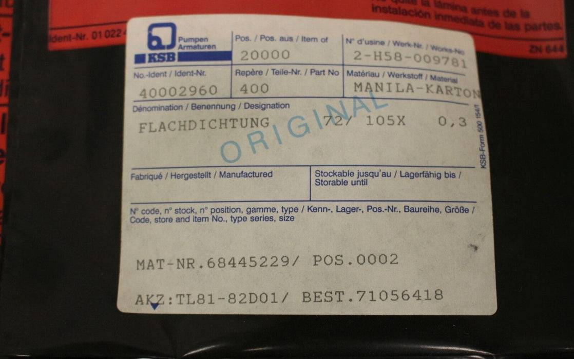 KSB Flachdichtungssatz Teil-Nr.400 Nr. 40002977+40002960 für Eta 100-33K