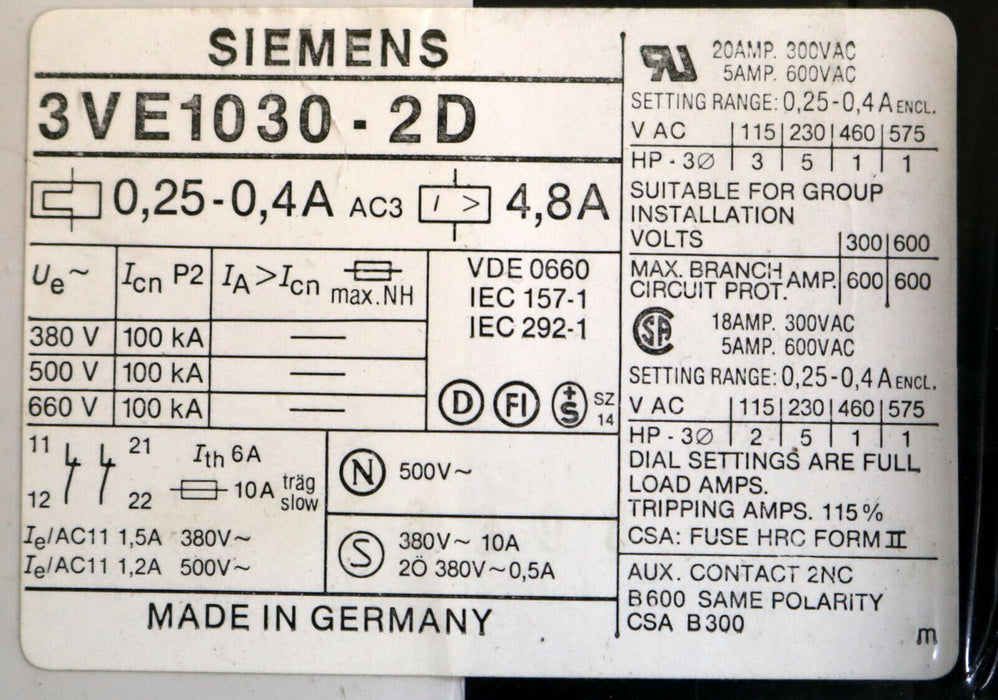 SIEMENS Leistungsschalter 3VE1030-2D 0,25-0,4A Ue=380-660V - unbenutzt