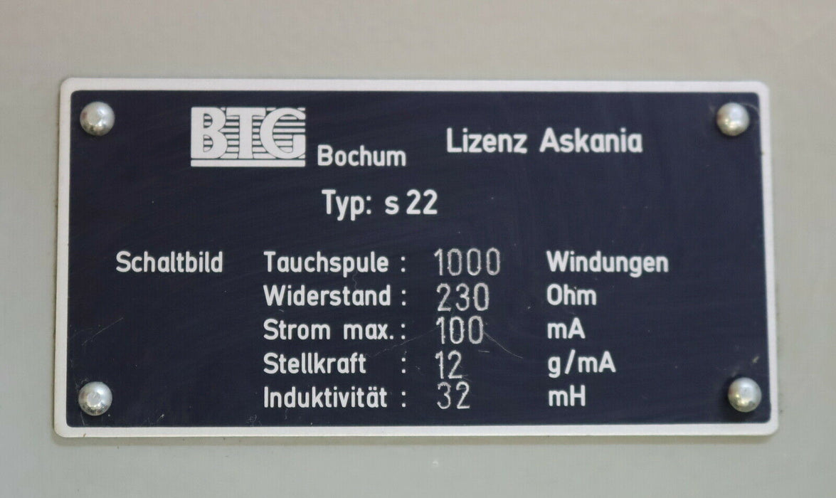 BTG / ASKANIA Elektro-Hydraulik-Umformer Typ S22 Art.Nr. 2132850 Tauchspule 1000