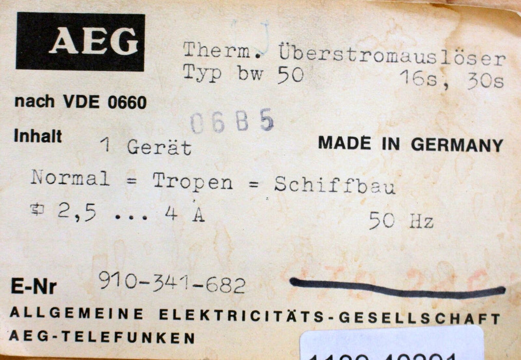 AEG Thermischer Überstromauslöser Typ bw 50 2,5-4A 16/30s E-Nr. 910-341-682 50Hz