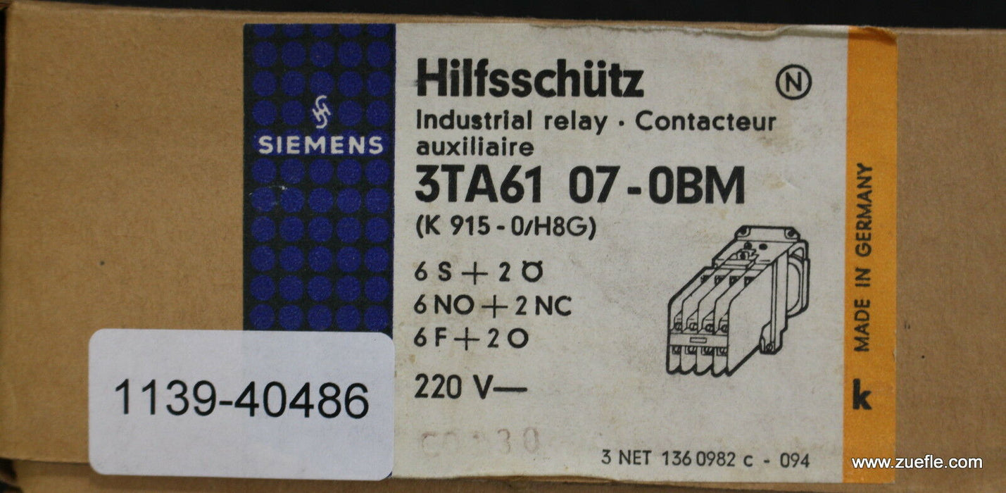 SIEMENS Hilfsschütz control relay 3TA6107-0BM Us = 220VDC 6S + 2Ö 6NO + 2NC 6F +