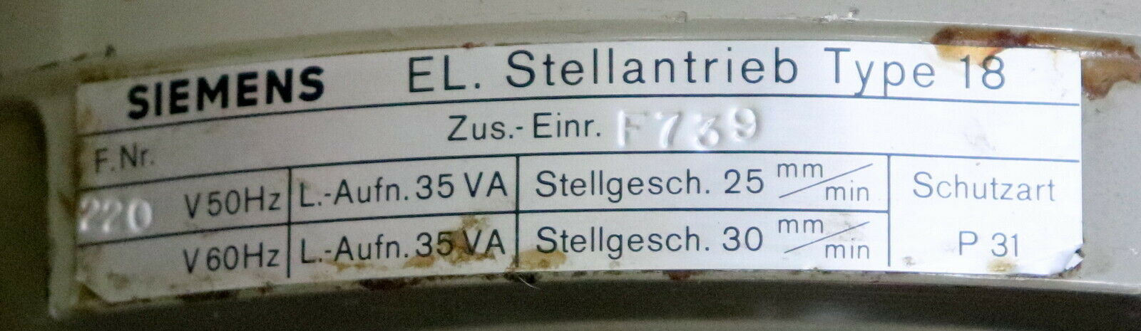 SIEMENS Elektrischer Stellantrieb für Ventile Type 18 Zus.-Einr. F739 - 2kN