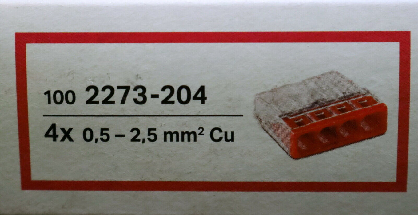 WAGO 100x Steckklemmen 100x Plug-in terminals 2273-204 4x 0,5-2,5mm² 4 Leiter