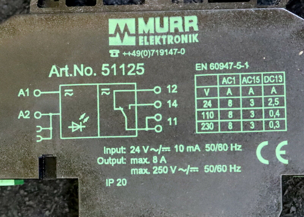 MURR Relais Art.Nr. 51125 Input 24AC/DC 10mA 50/60Hz Output 8A 250VAC/DC 50/60Hz
