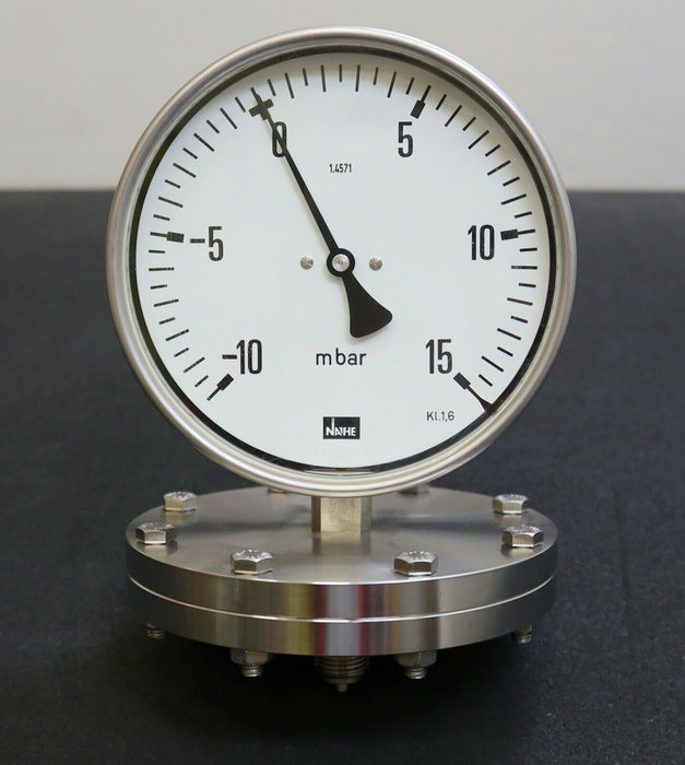 NATHE Plattenfeder-Manometer -10…+15mbar Kl. 1,6 Edelstahl - Anschluss G1/2"