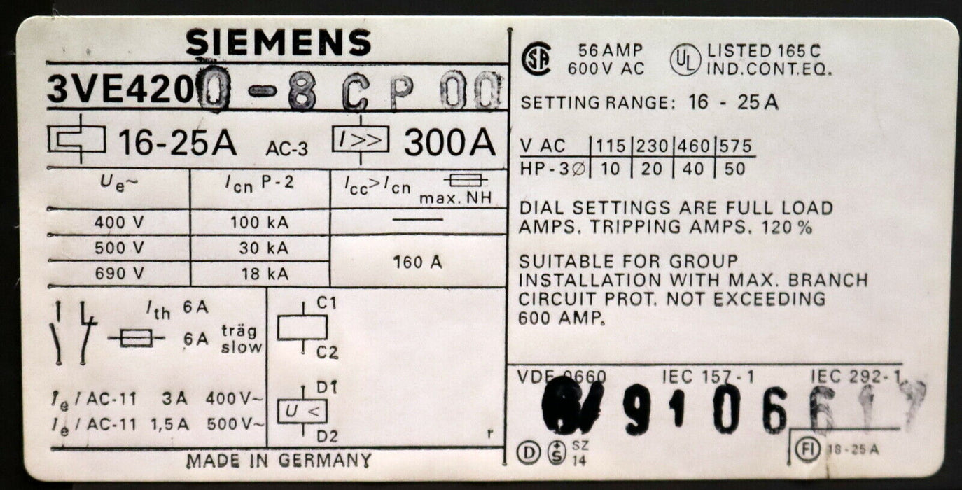 SIEMENS Leistungsschalter 16-25A 300A 3VE4200-8CP00 - gebraucht