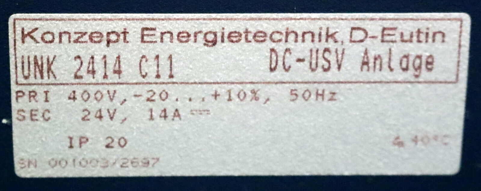 KONZEPT ENERGIETECHNIK Energieversorgung DC-USV-Anlage UNK 2414 C11 Primär 400VA