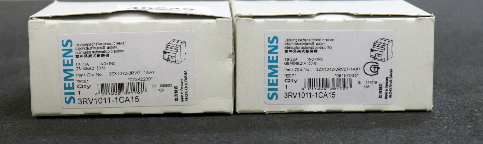 SIEMENS 2 Stück Motorschutzschalter 3RV1011-1CA15 1,8-2,5A 1NO + 1NC
