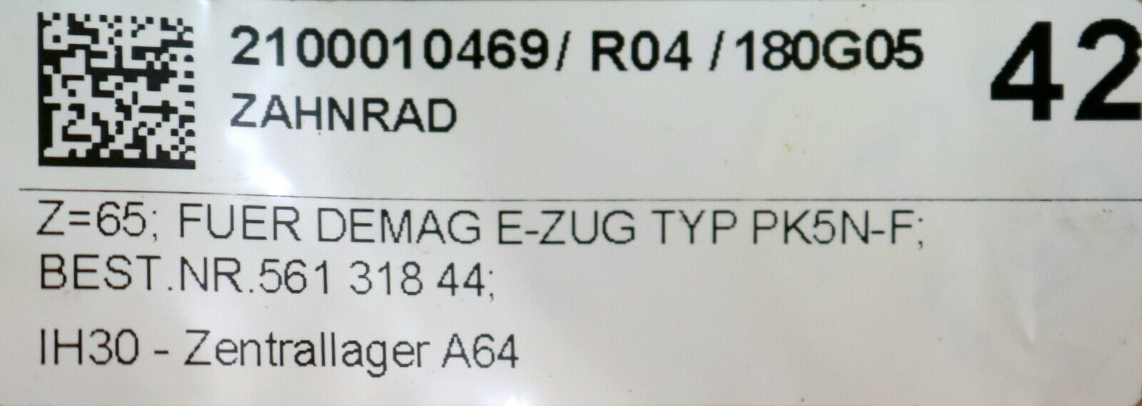 DEMAG Zahnrad mit Z=65 außen Modul 2,0 Breite 23mm und Nabe mit Z=18 Nr 56131744
