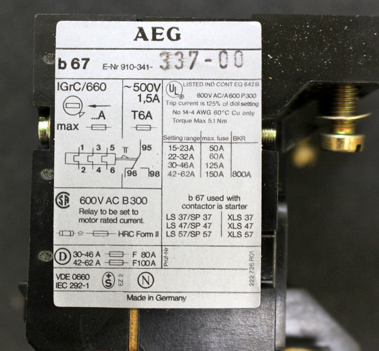 AEG Thermisches Überstromrelais b67 42-62A Thermal overload relay 910-341-337-00