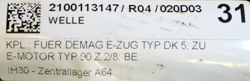 DEMAG Welle komplett Best.Nr. 138 477 44 für DEMAG E-Zug Typ DK5 zu E-Motor