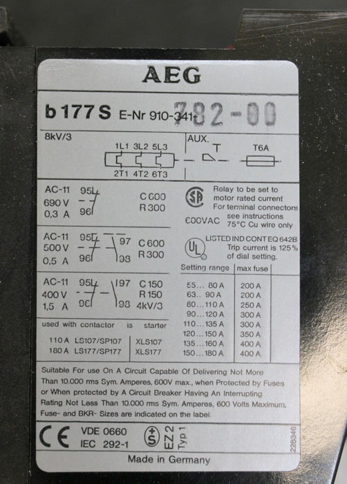 AEG Thermisches Überlastrelais bw177S 55-80A E-Nr. 910-341-782-00 + Rahmenklemme