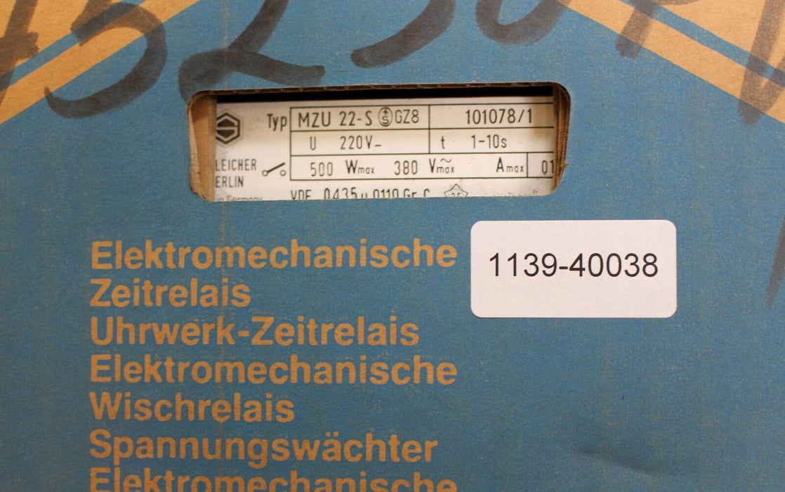 SCHLEICHER Präzisions-Zeitrelais MZU 22-S GZ8 - 220V t=1-10s 500W - Nr. 101078/1