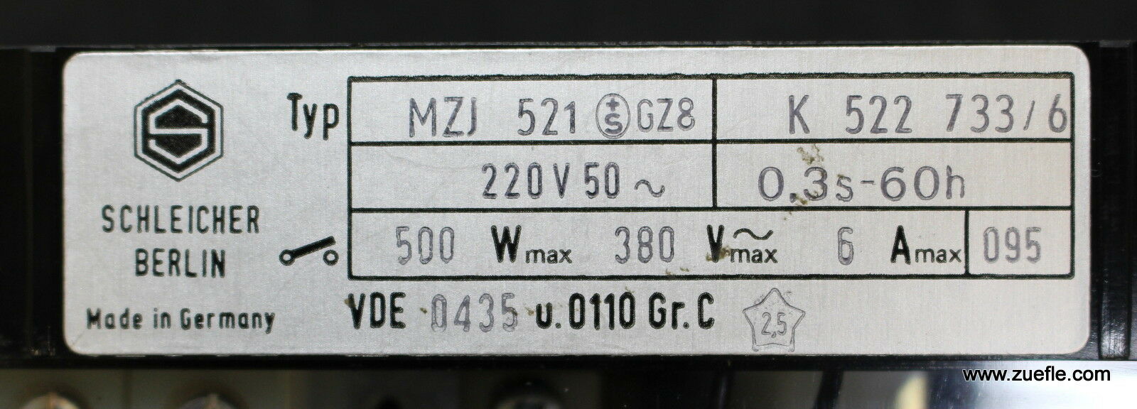 SCHLEICHER Zeitrelais MZJ 521 GZ8 220VAC 50Hz 0,3s…60h 500W 380VACmax. 6Amax