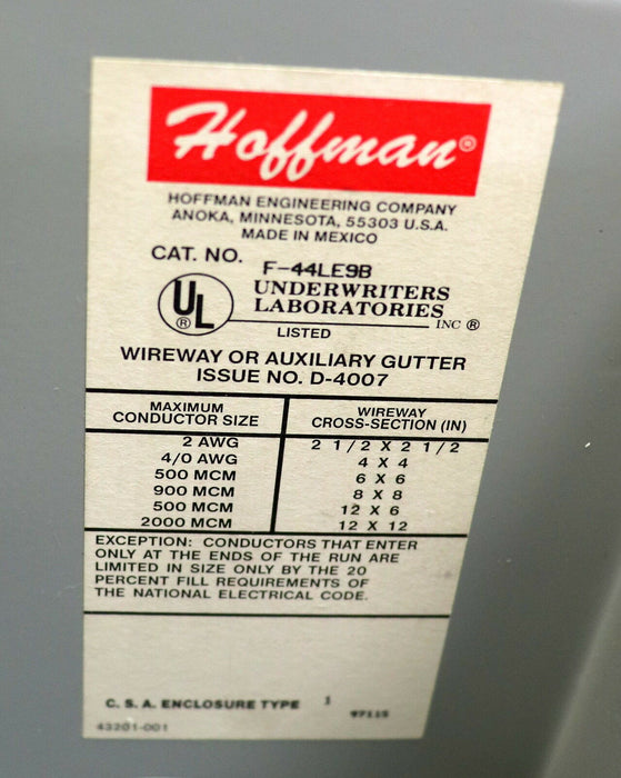 HOFFMAN Wireway, steel 90° Elbow Cat. No. F-44LE9B Type 12 Lay-In Inside opening