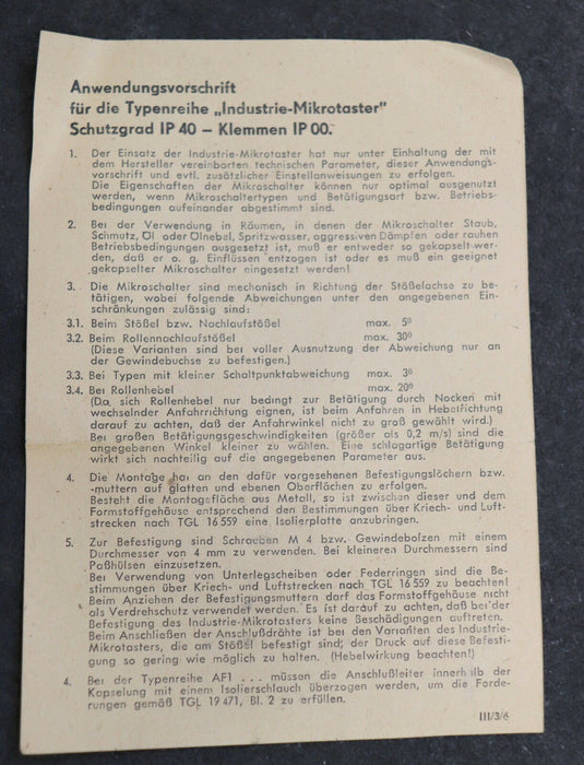 ROBOTRON DDR 10 Stück Industriemikrotaster Typ: A1 H1 Schutzgrad: IP40 & IP00