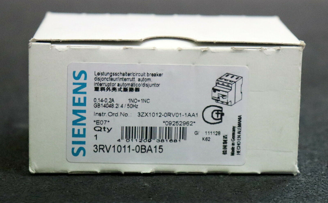 SIEMENS Motorschutzschalter 3RV1011-0BA15 0,14-0,20A 1NO + 1NC Baugröße S00