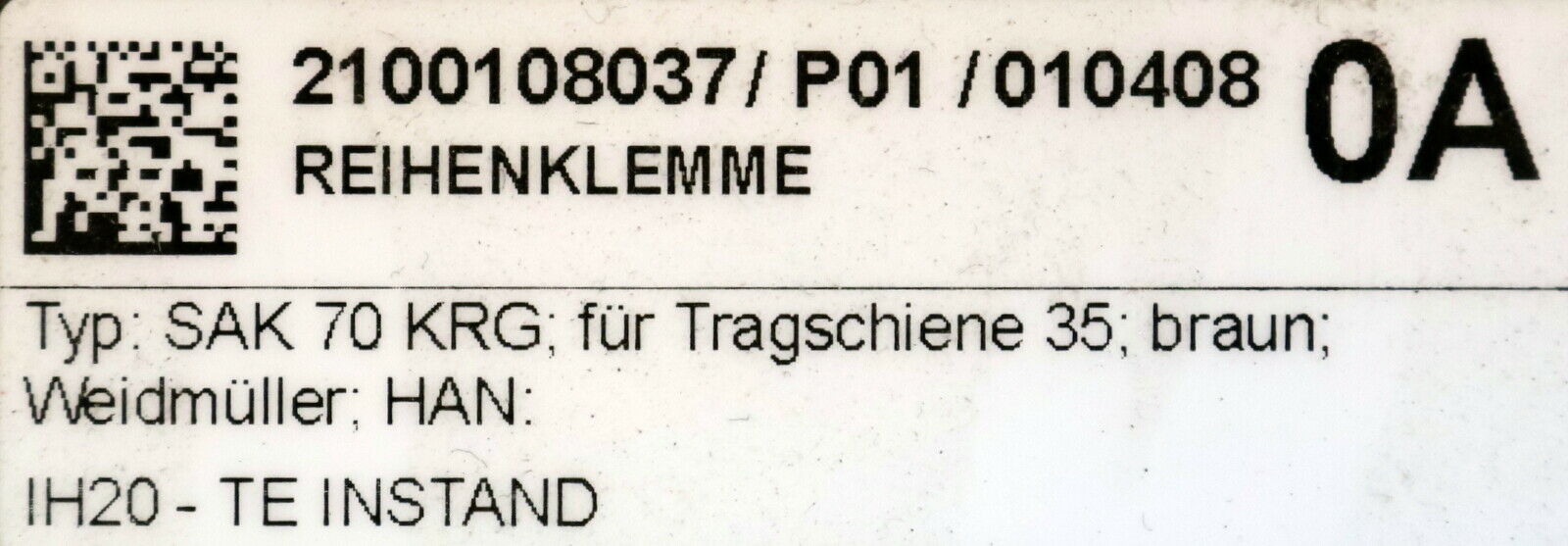 WEIDMÜLLER 5x Durchgangsklemme SAK 70 KRG Art. Nr. 034082 600V 150A 4 to 2/0