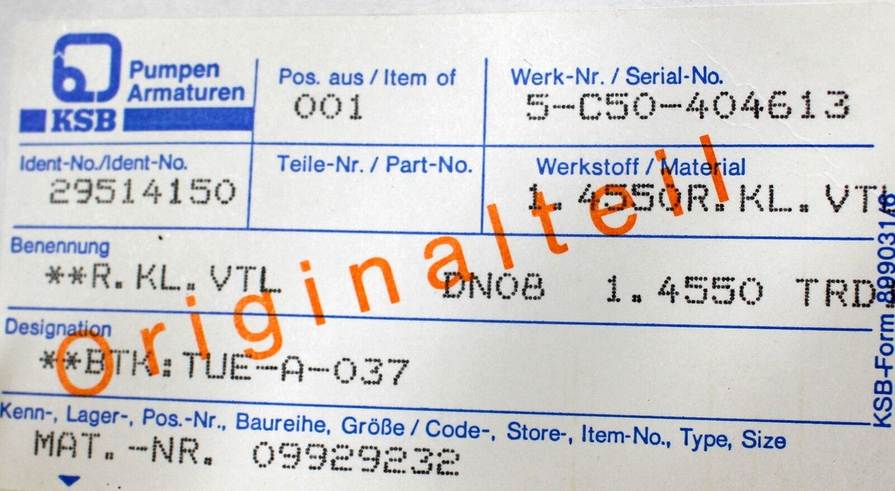 KSB Absperrventil mit Faltenbalg DN8 PN135 bis 300°C bis 90bar - Nr. 29514159