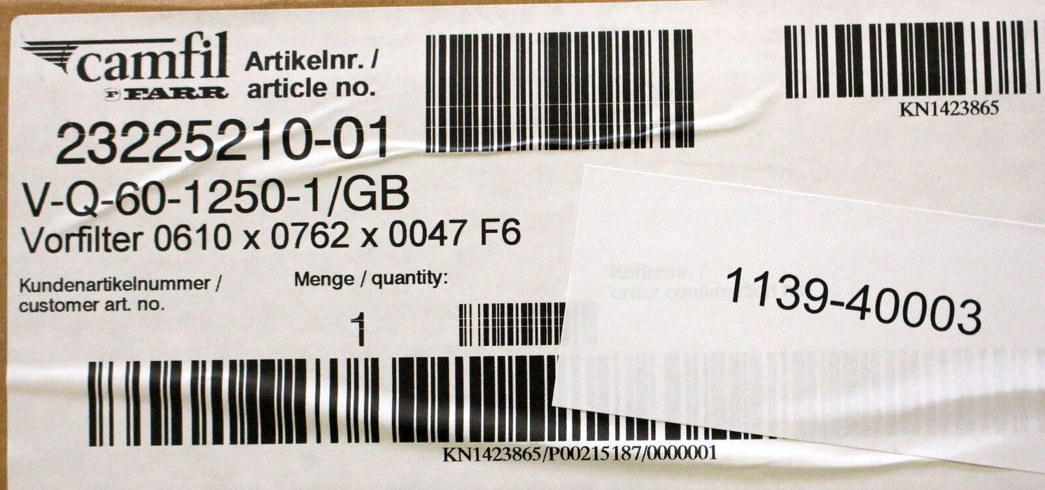 CAMFIL FARR Vorfilter Artikelnr. 23225210-01 V-Q-60-1250-1/GB 610x762x47mm neu