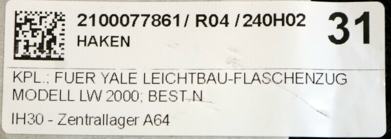 YALE Lasthaken 2t Best.Nr 0 001 088 f. YALE Leichtbau-Flaschenzug Modell LW 2000