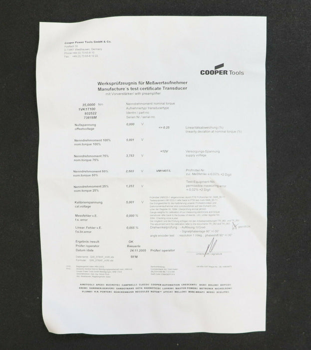 DGD COOPER TOOLS Messwertaufnehmer Typ 1VK1T100 Nenndrehmoment 35Nm ID 932522