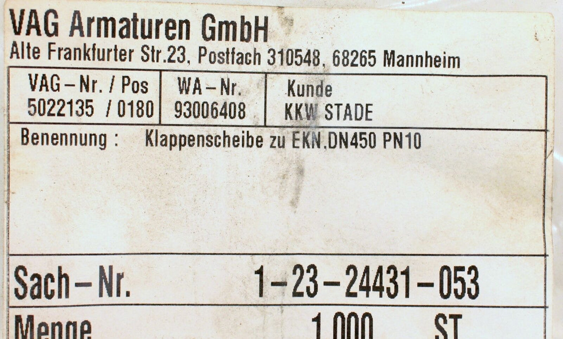 BOPP+REUTHER Klappenscheibe Typ EKN für Exzenterklappe Nodular DN450 PN10-T