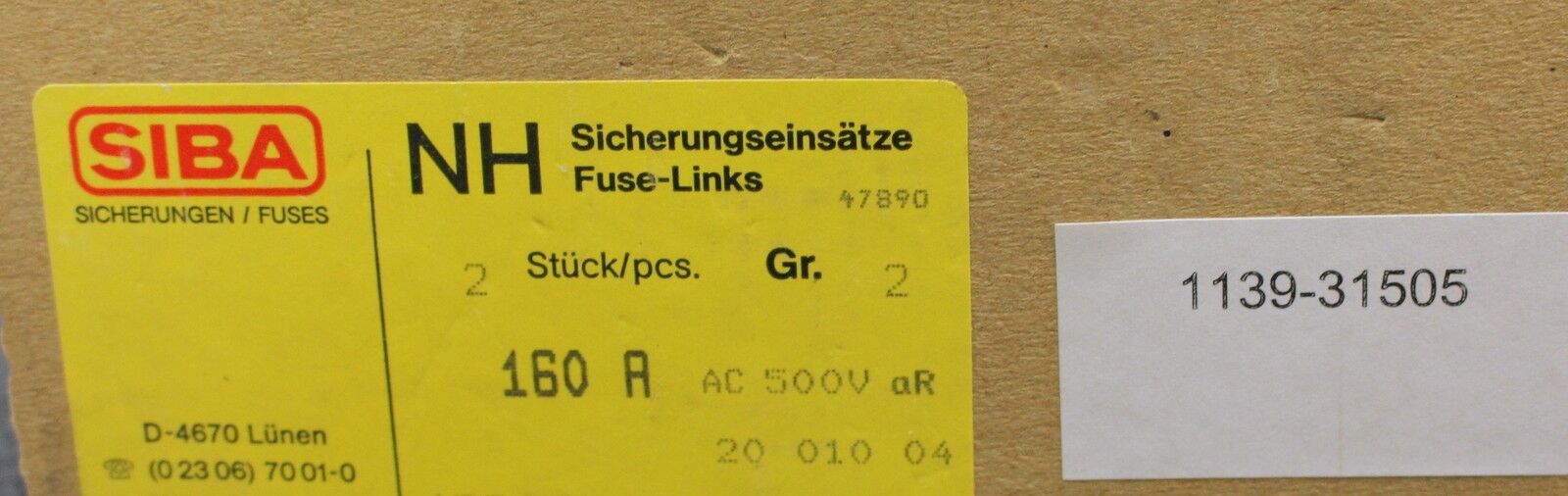 SIBA NH-Sicherungseinsatz 160A - 500VAC - Gr. 2 - Nr. 47890 / 2001004 - 2Stück