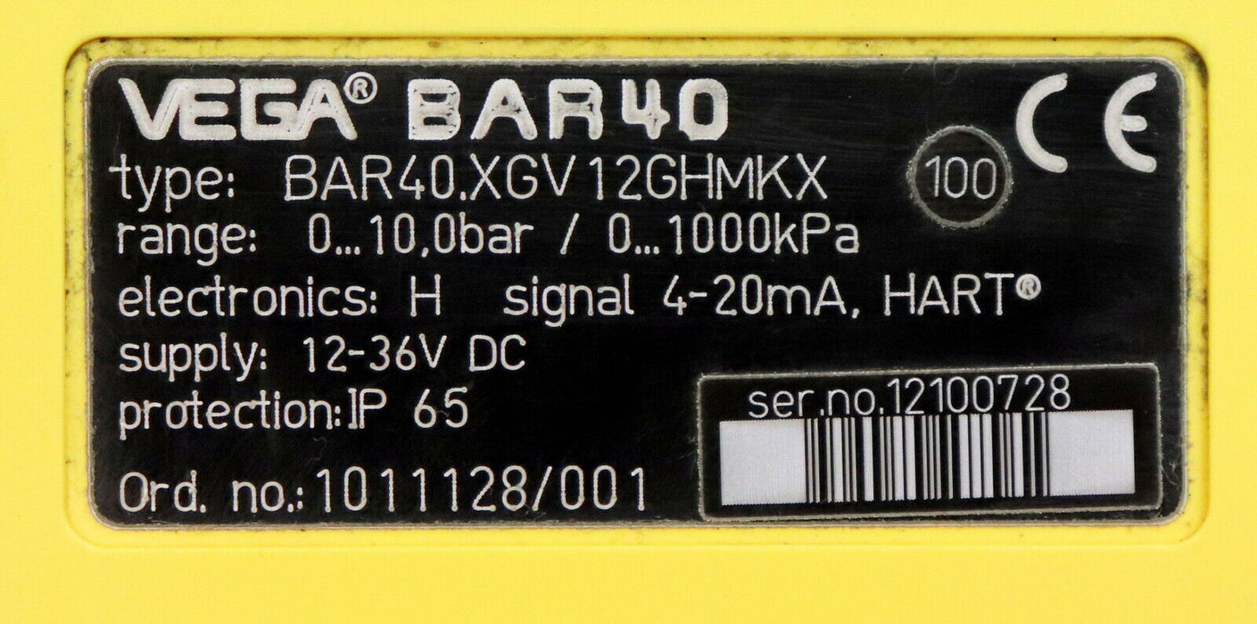 VEGA Prozessdruck Messumformer BAR40.XGV 12GHMKX Bereich 0-10bar 0-1000kPa
