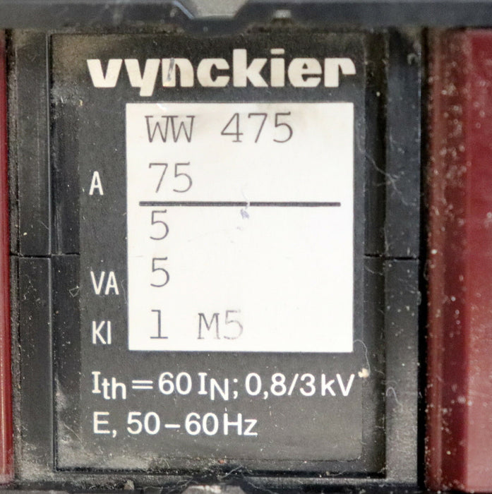 VYNCKIER Stromwandler WW 475 75/5A 5VA 0,8/3kV Itherm 60In 50/60Hz gebraucht ok