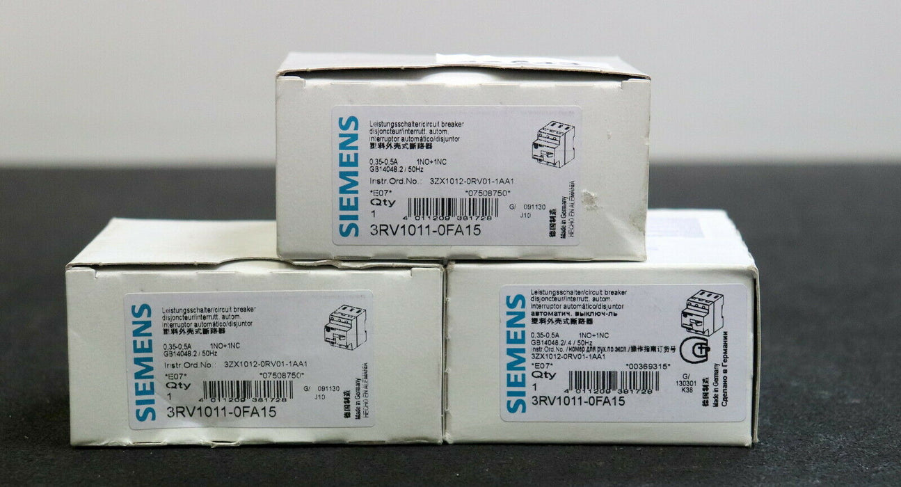 SIEMENS 3 Stück Motorschutzschalter 3RV1011-0FA15 0,35-0,5A 1NO + 1NC
