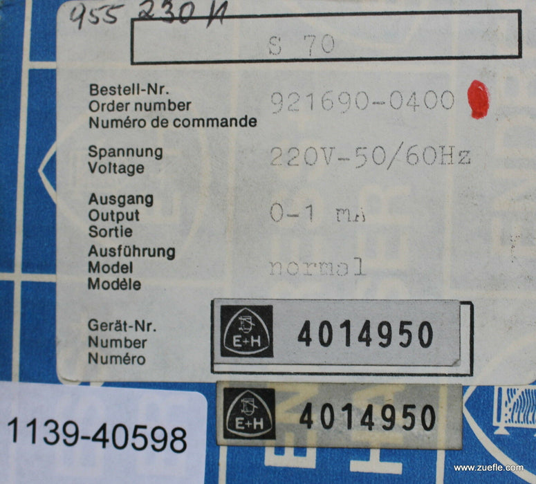 ENDRESS+HAUSER Umformer Silometer S 70 Bestellnr. 921690-0400 220V 50/60Hz Ausga