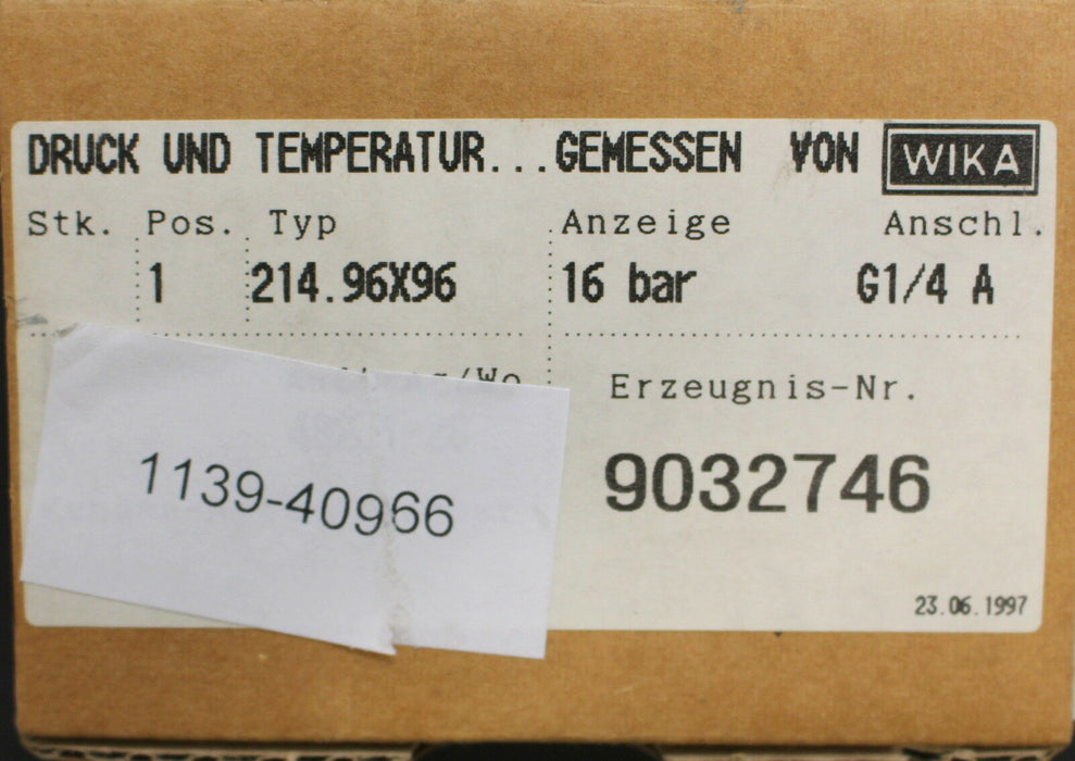 WIKA Manometer + Adapter 1/2" - 214.96x96 - 0-16bar - Nr. 9032746