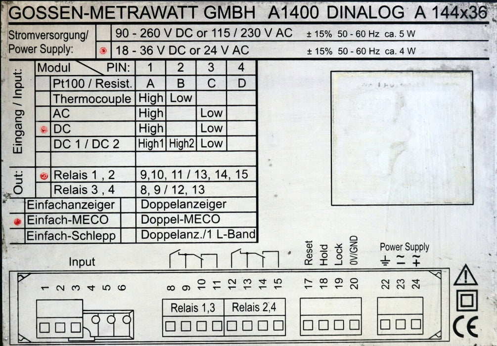 GOSSEN METRAWATT Doppel-Leuchtbandanzeiger A1400 DINALOG A Frontblende 144x36mm