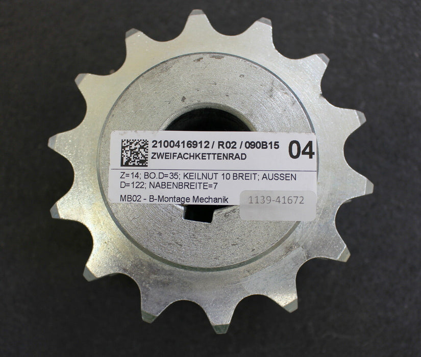 Zweifach-Kettenrad Z=14 BohrØ=45 Keilnut 14 breit AussenØ D=122 Nabenbreite= 7