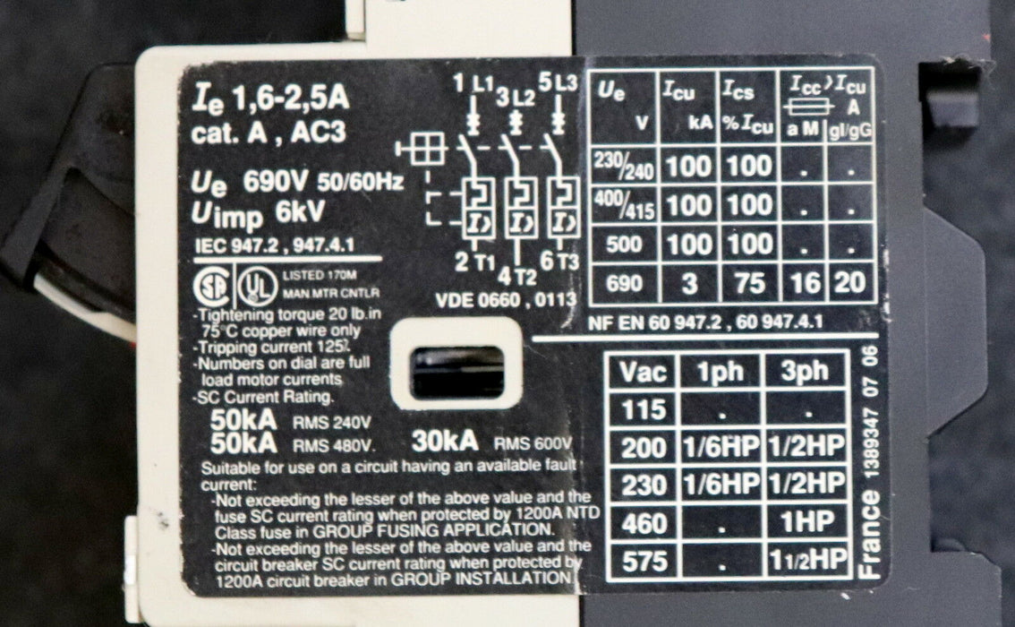 TELEMECANIQUE Motorschutzschalter GV2-M07 1,6-2,5A Ue=690V 50/60Hz Uimp=6kV