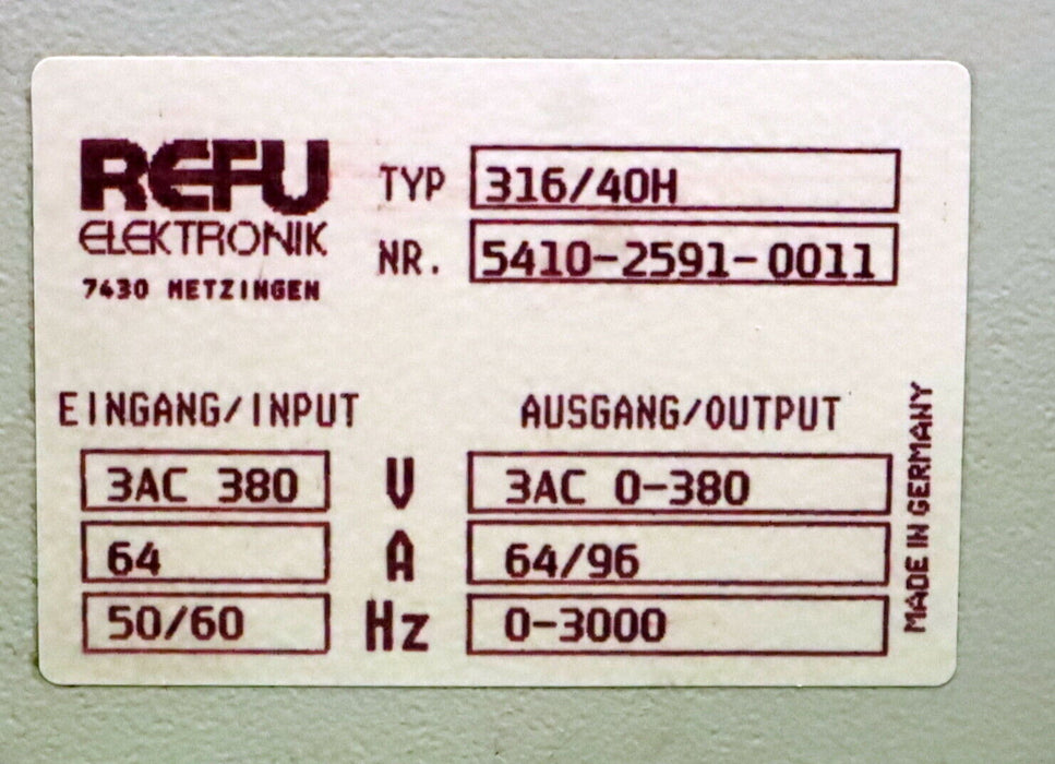 REFU Frequenzumrichter Spindelantrieb REFU 316/40H Eingang 380VAC 64A 50/60Hz